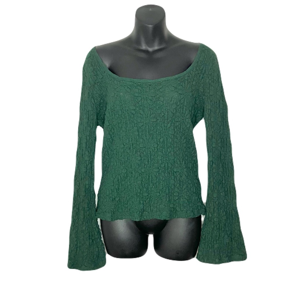 Old Navy Forest Green Scoop Neck Flare Sleeve Textured Lacey Top